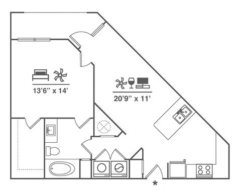 Floor plan for 1 bed, 1 bath, 815 sqft